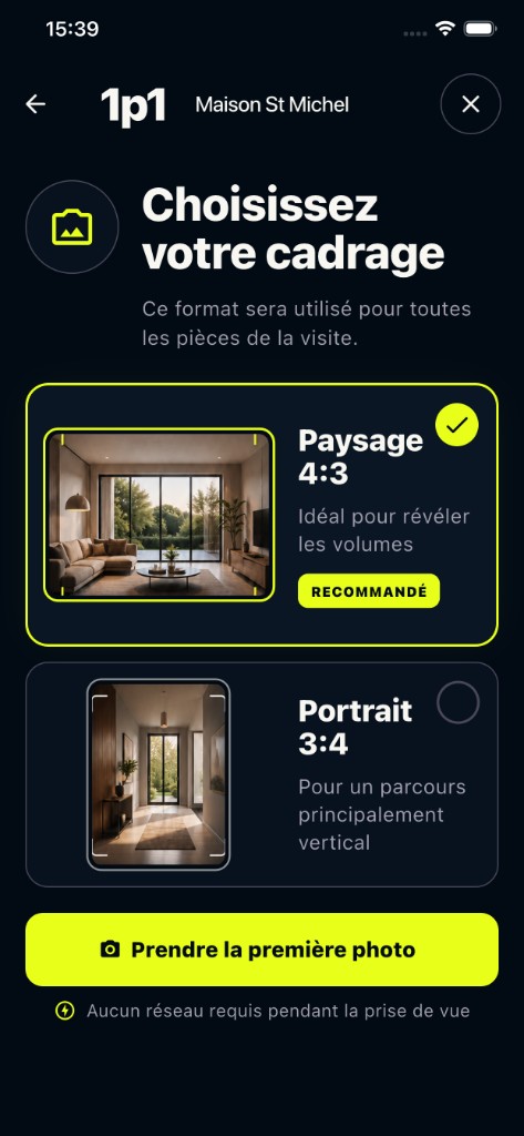 Écran « Choisissez votre cadrage » proposant le format paysage 4:3, recommandé, ou le format portrait 3:4