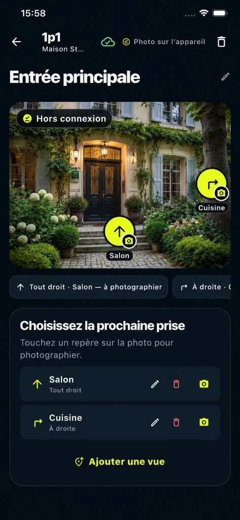 Visite réelle 1p1 affichant des repères de circulation vers le salon et la cuisine