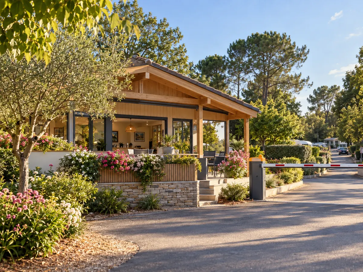 Bâtiment d’accueil d’un camping avec terrasse fleurie et barrière d’entrée