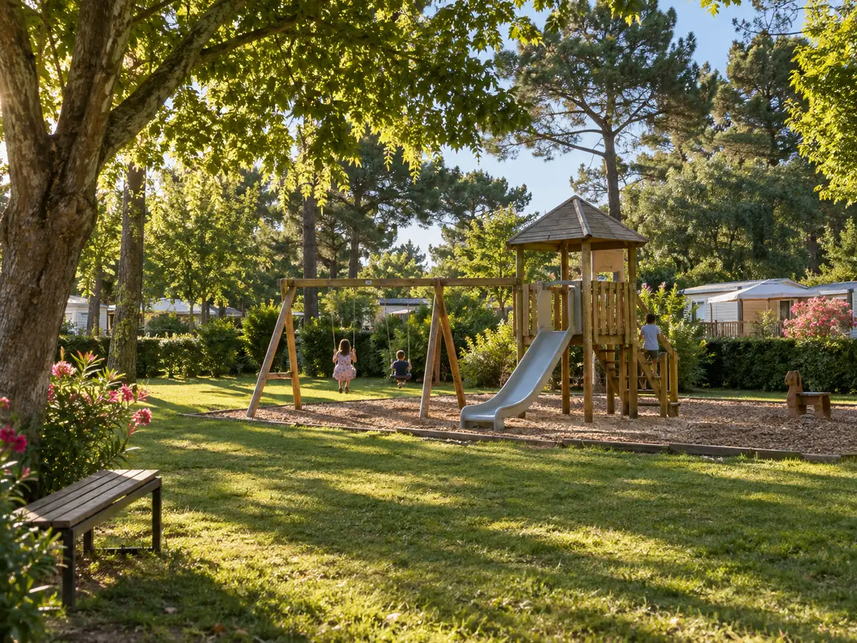 Aire de jeux pour enfants sur une pelouse ombragée de camping