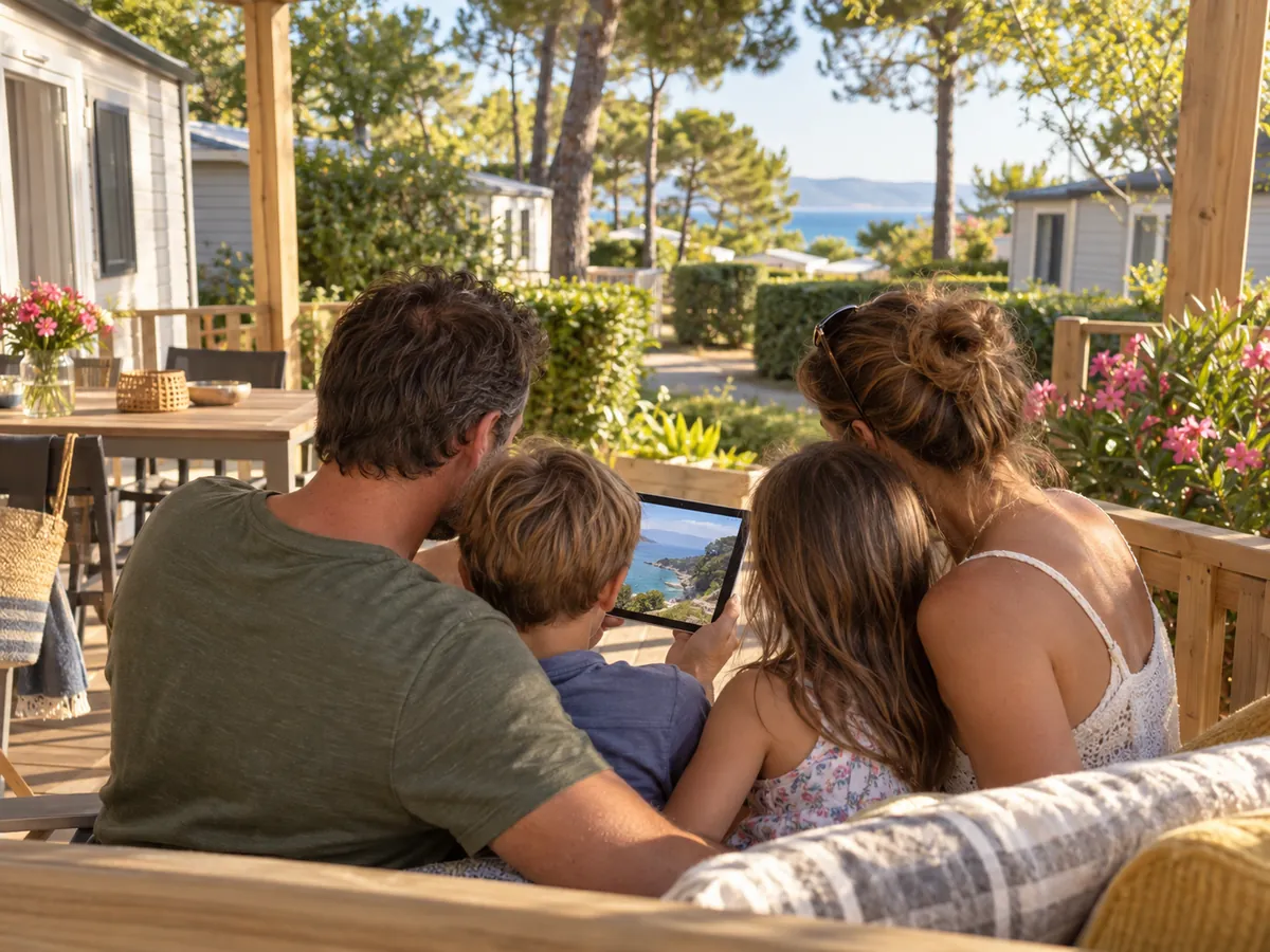 Famille sur la terrasse d’un mobil-home qui découvre le camping sur une tablette