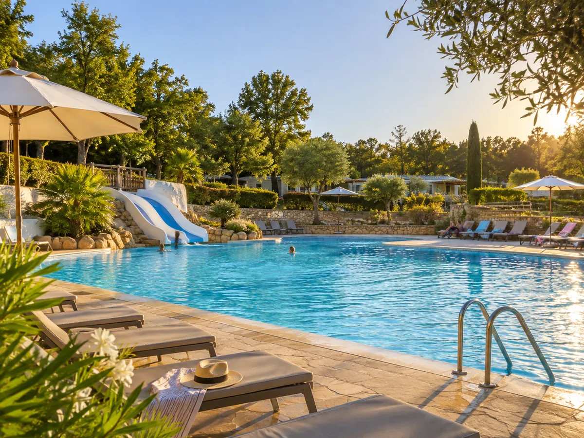 Espace aquatique de camping avec transats et toboggan