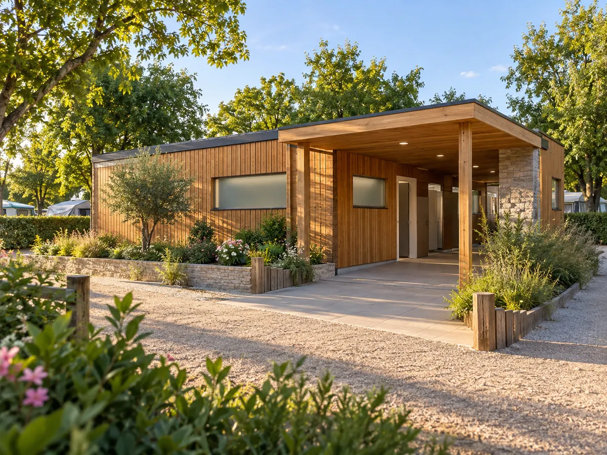 Bloc sanitaire moderne en bois dans un camping