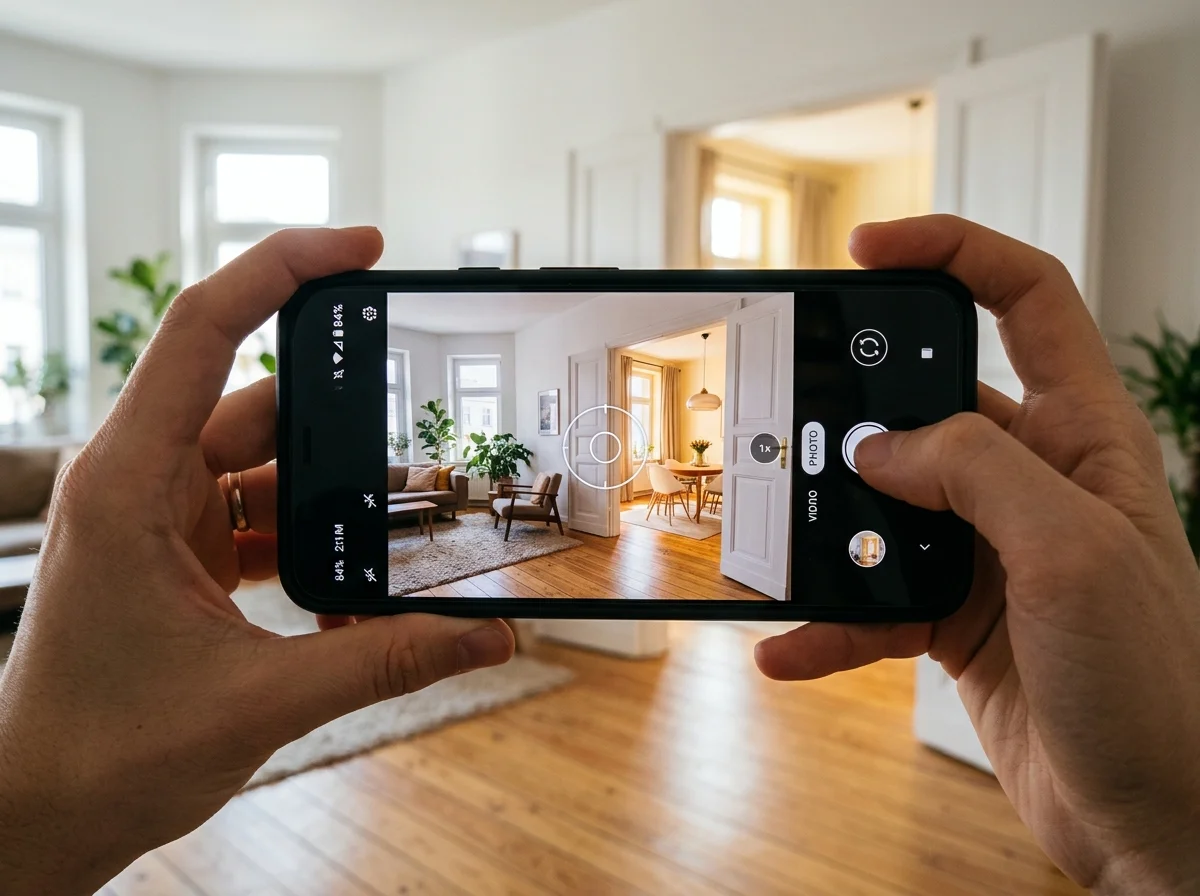 Prise de vue au smartphone dans un salon lumineux, cadrant l’ouverture de porte vers la pièce suivante à hauteur d’homme