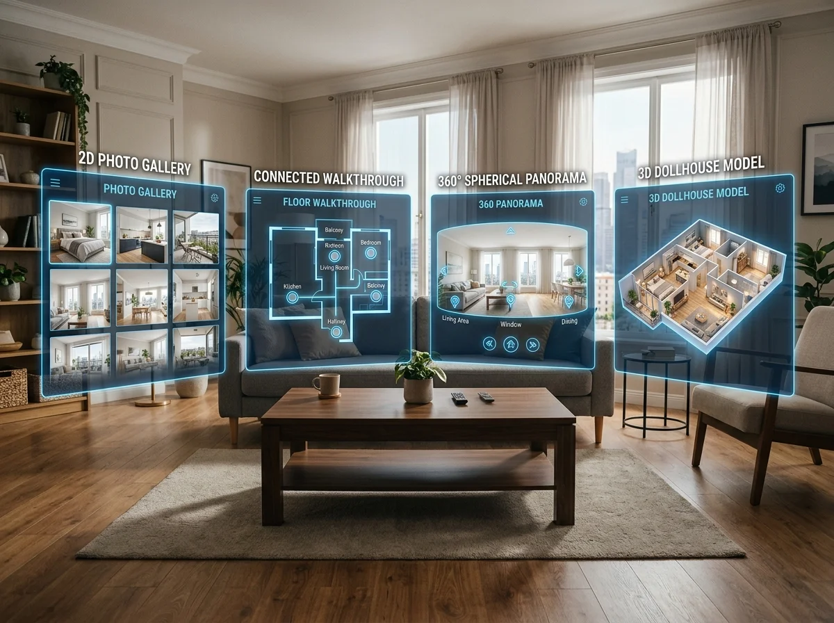 Comparaison des 4 formats de visite immobilière : galerie 2D, parcours connecté, panorama 360 et maquette 3D