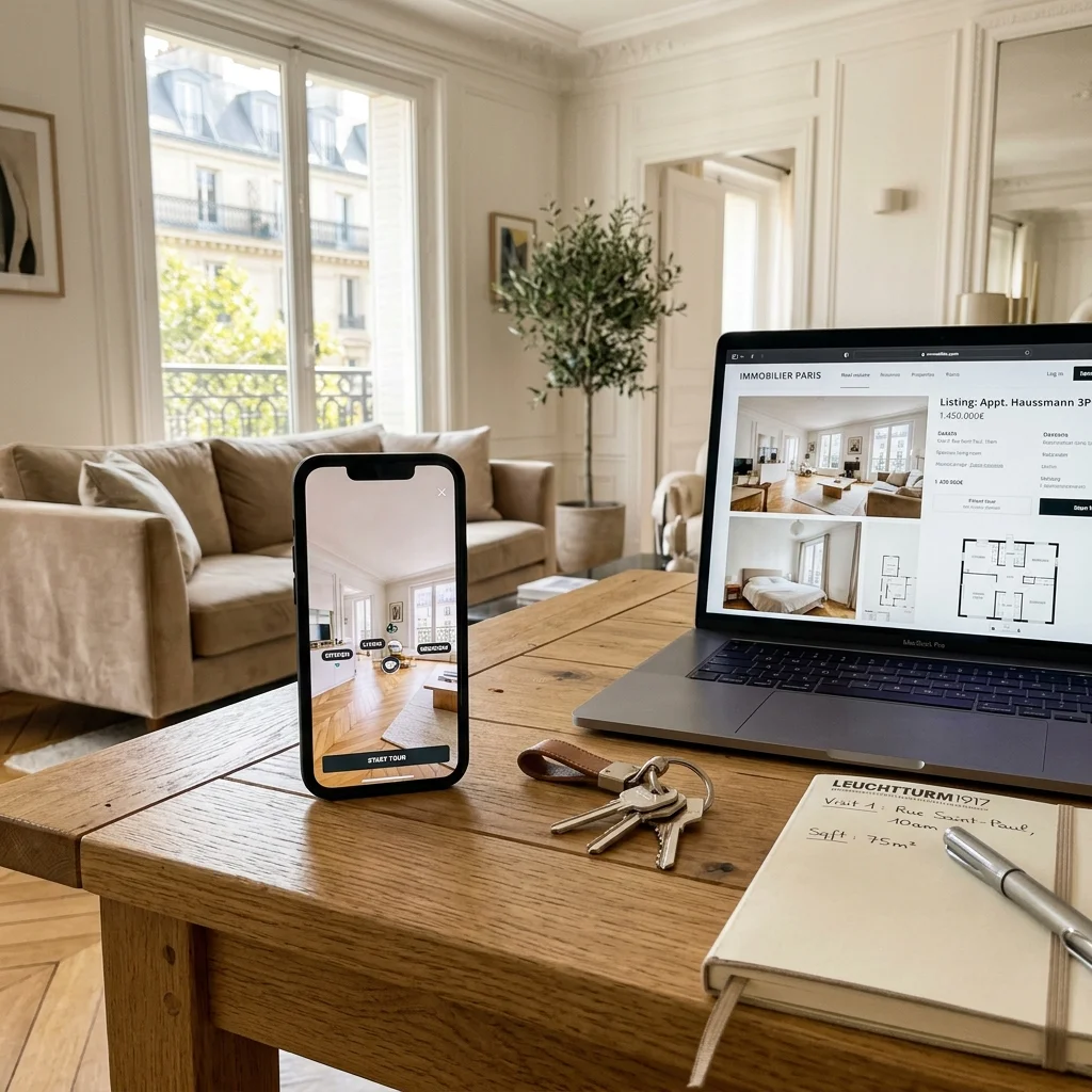 Table en bois dans un appartement haussmannien avec smartphone et ordinateur affichant une visite virtuelle 1p1