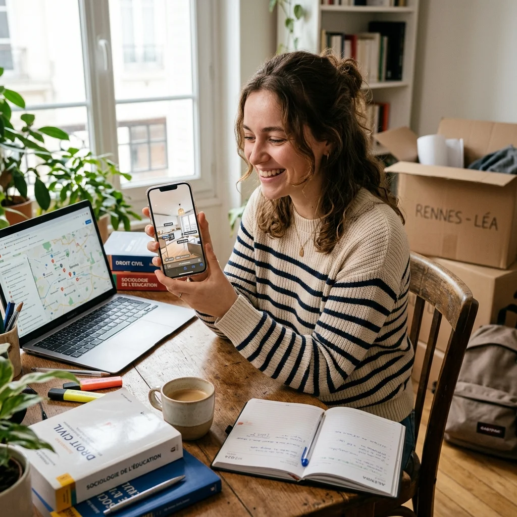 Jeune locataire découvrant un appartement à louer en parcours photo sur son smartphone
