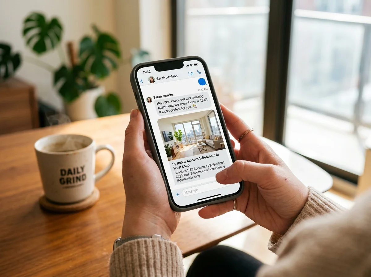 Smartphone tenu en main affichant une conversation par messagerie avec un lien enrichi de visite virtuelle 1p1