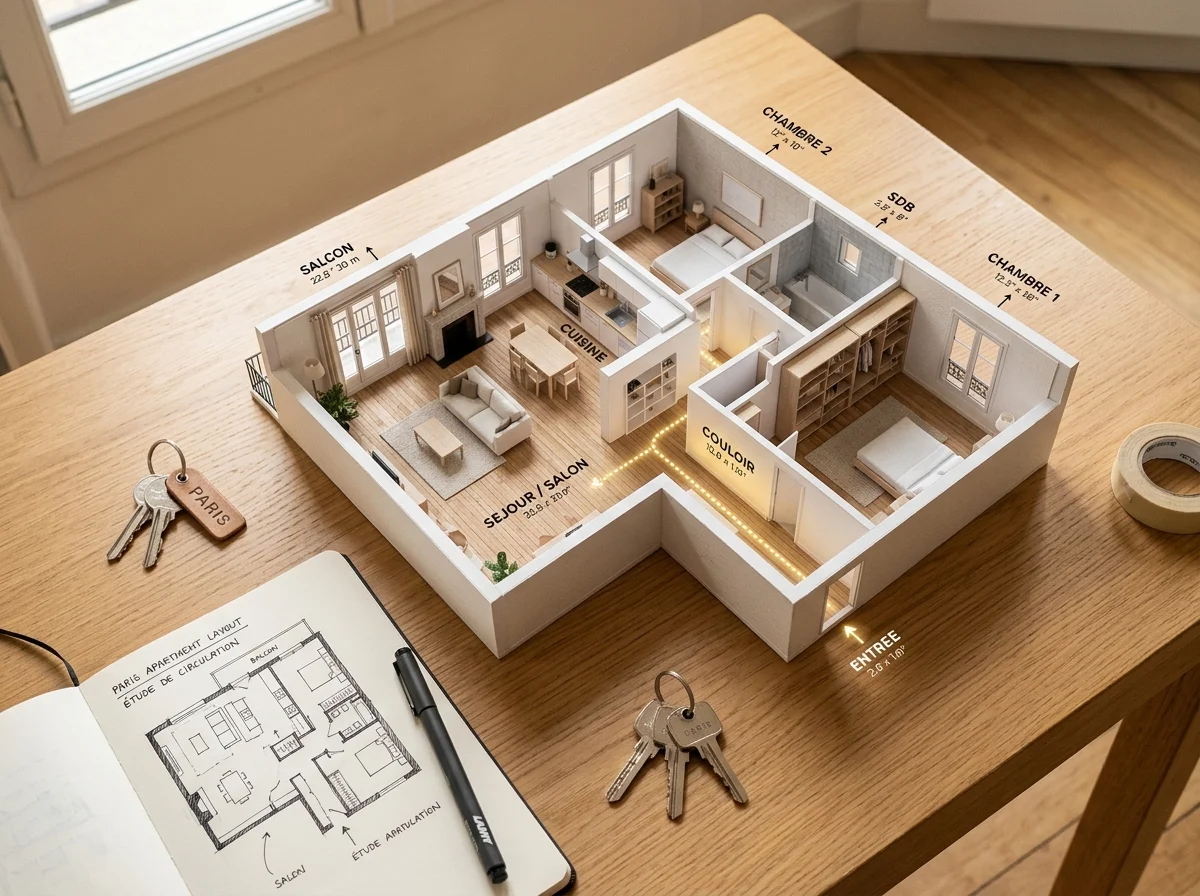 Plan d’appartement architectural posé sur une table en bois avec un parcours balisé reliant logiquement l’entrée, le salon et les chambres