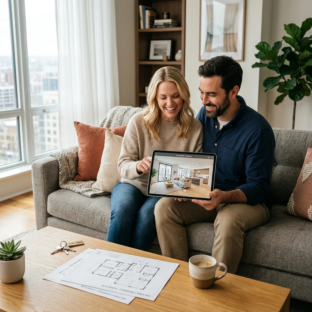 Couple souriant explorant un parcours immobilier interactif sur une tablette dans un salon
