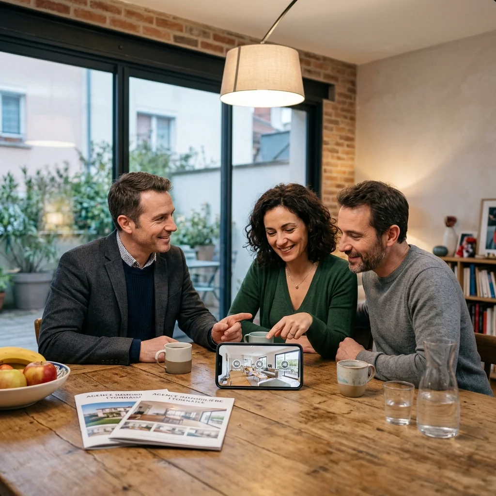 Conseiller immobilier montrant un parcours photo sur smartphone à des propriétaires autour d’une table de cuisine