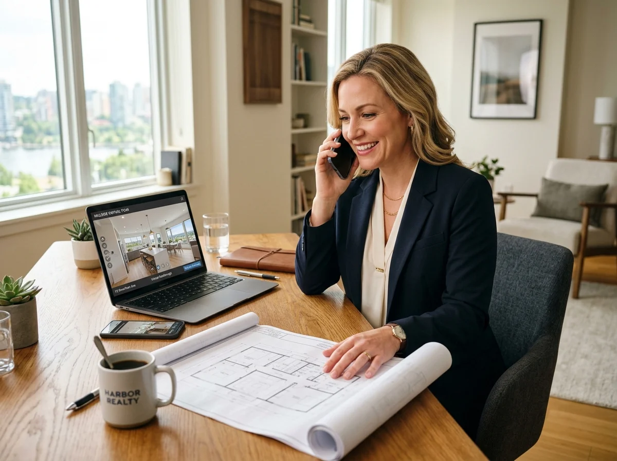 Conseiller immobilier échangeant avec des acquéreurs autour d’une visite virtuelle sur tablette avant la visite sur place