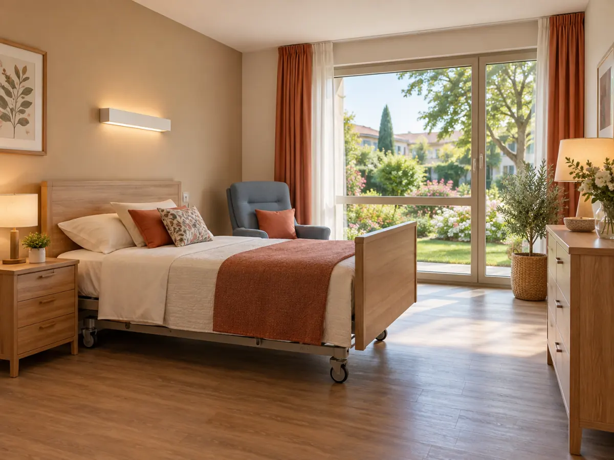 Chambre de résidence lumineuse avec lit médicalisé habillé de linge coloré, fauteuil et fenêtre sur jardin
