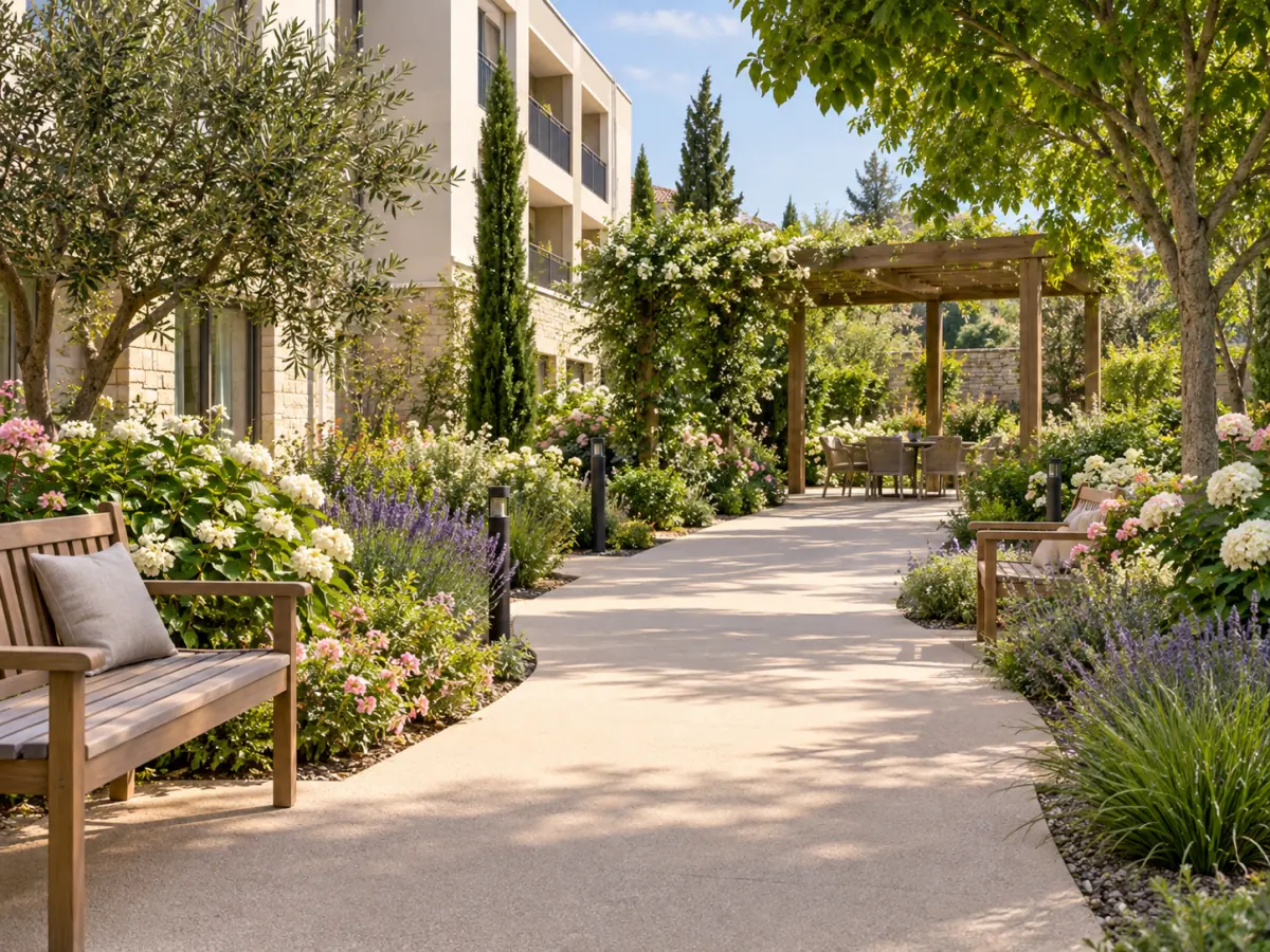Jardin de résidence avec allée accessible, bancs et massifs fleuris
