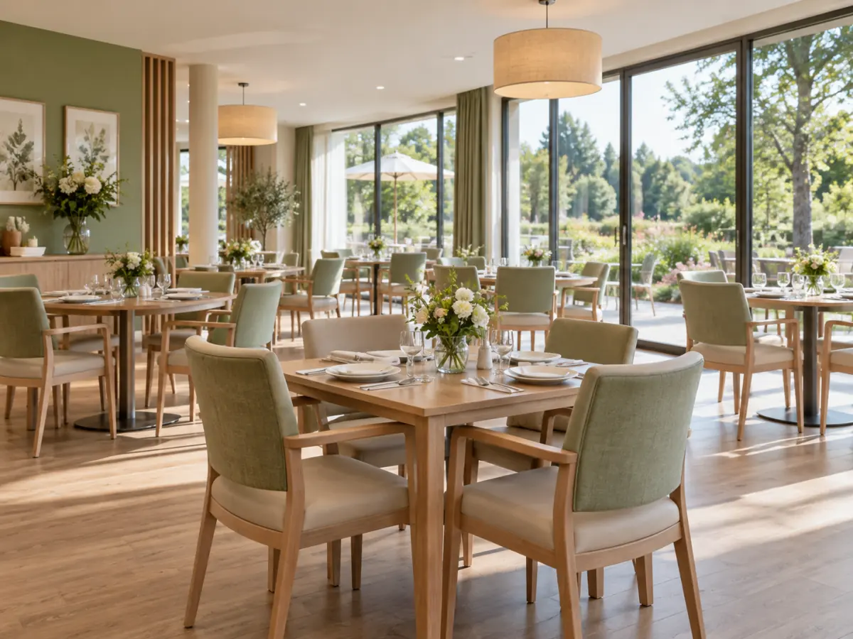 Salle à manger de résidence avec tables dressées et grandes baies vitrées