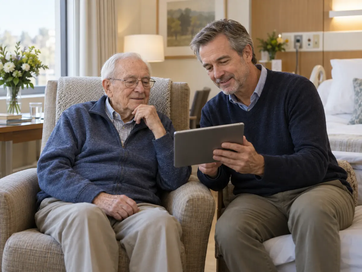 Un homme âgé, assis dans un fauteuil de chambre d’hôpital, regarde une tablette avec son fils